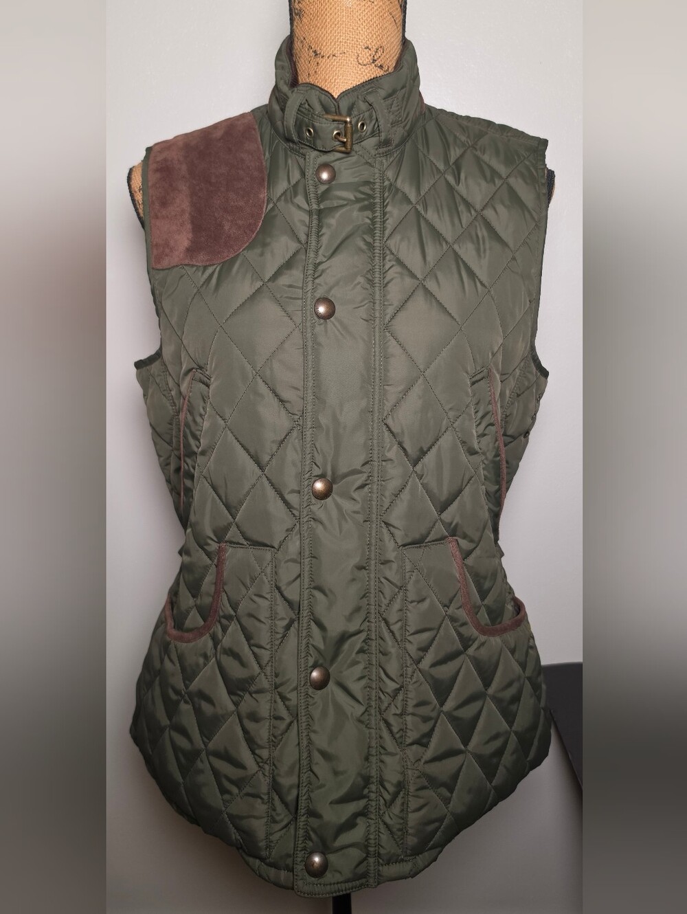 Polo by Ralph Lauren Olive Green Quilted Sleeveless Vest with Brown Suede Trim